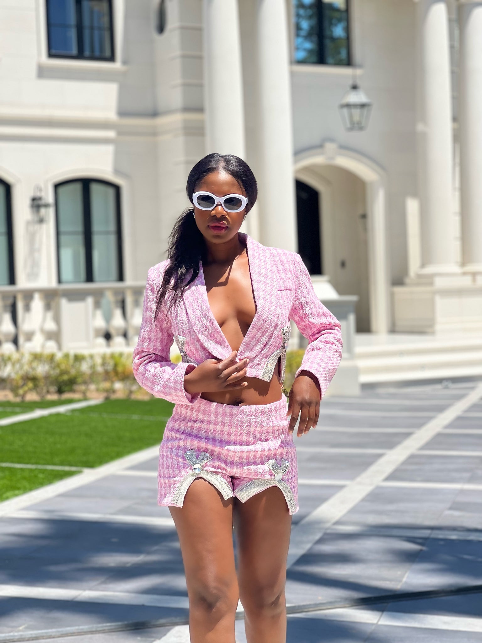 Pink blazer short set online